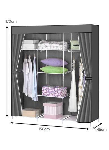Large Capacity Plastic &amp; Stainless Steel Portable Wardrobe Storage Cabinet CL-150 (W150 x D45 x H170)cm - Brown