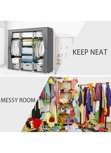 Large Capacity Plastic &amp; Stainless Steel Portable Wardrobe Storage Cabinet CL-150 (W150 x D45 x H170)cm - Brown