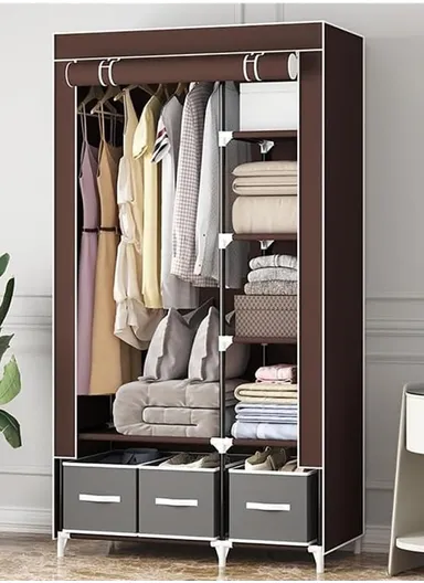 2-Section Non-Woven Fabric Cloth Boxes Cabinet with Hanging Rails &amp; 3 Fabric Drawers, Multi-Use Large Space Dustproof Cloth Boxes Cabinet YY8108 (W95 x D45 x H165)cm - Brown &amp; Grey