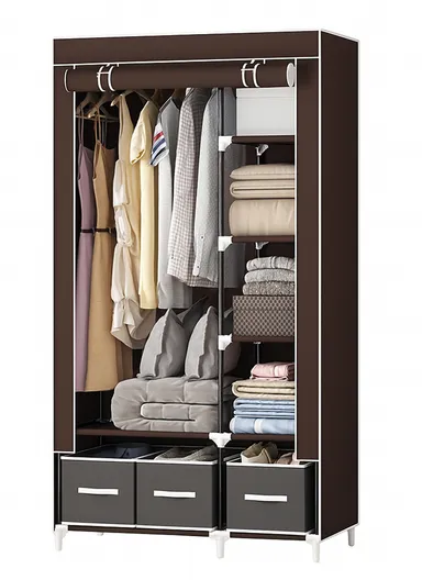 2-Section Non-Woven Fabric Cloth Boxes Cabinet with Hanging Rails &amp; 3 Fabric Drawers, Multi-Use Large Space Dustproof Cloth Boxes Cabinet YY8108 (W95 x D45 x H165)cm - Brown &amp; Grey