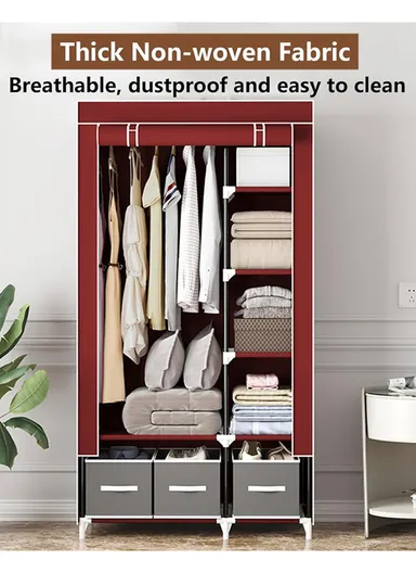 2-Section Non-Woven Fabric Cloth Boxes Cabinet with Hanging Rails &amp; 3 Fabric Drawers, Multi-Use Large Space Dustproof Cloth Boxes Cabinet YY8108 (W95 x D45 x H165)cm - Brown &amp; Grey