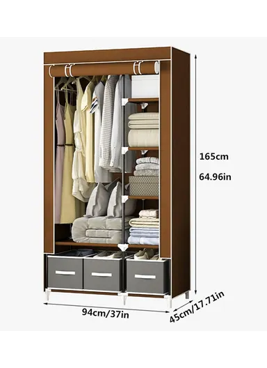 2-Section Non-Woven Fabric Cloth Boxes Cabinet with Hanging Rails &amp; 3 Fabric Drawers, Multi-Use Large Space Dustproof Cloth Boxes Cabinet YY8108 (W95 x D45 x H165)cm - Brown &amp; Grey