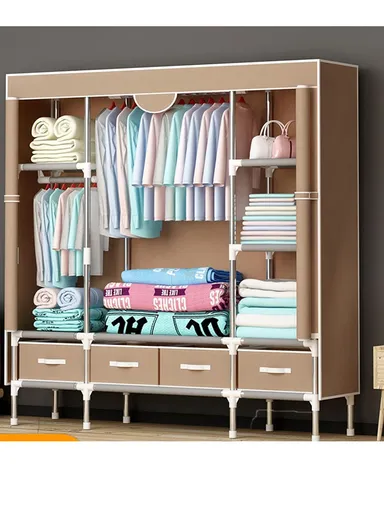 Heavy-Duty High Load Bearing Strength Storage Cabinet, High-quality Zipper, Large Hanging Space with 4 Durable Fabric Drawers - Brown