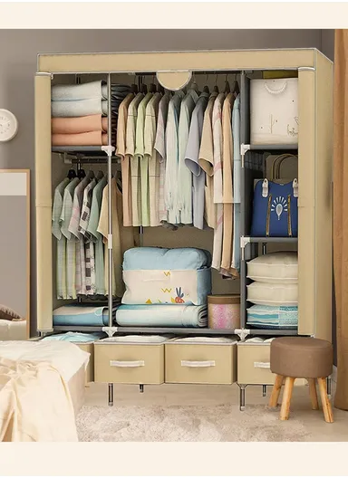 Heavy-Duty High Load Bearing Strength Storage Cabinet, High-quality Zipper, Large Hanging Space with 4 Durable Fabric Drawers - Brown