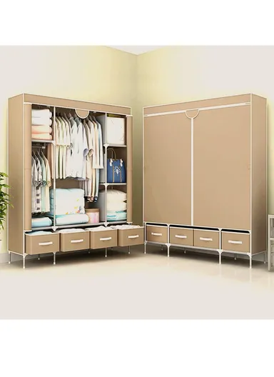 Heavy-Duty High Load Bearing Strength Storage Cabinet, High-quality Zipper, Large Hanging Space with 4 Durable Fabric Drawers - Brown
