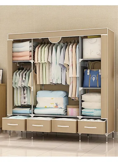 Heavy-Duty High Load Bearing Strength Storage Cabinet, High-quality Zipper, Large Hanging Space with 4 Durable Fabric Drawers - Brown