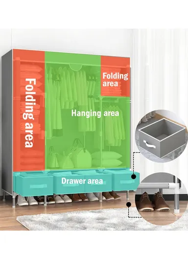 Heavy-Duty High Load Bearing Strength Storage Cabinet, High-quality Zipper, Large Hanging Space with 4 Durable Fabric Drawers - Grey