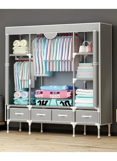 Heavy-Duty High Load Bearing Strength Storage Cabinet, High-quality Zipper, Large Hanging Space with 4 Durable Fabric Drawers - Grey