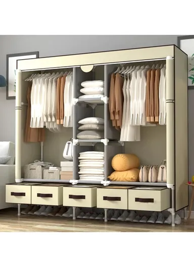 Heavy-Duty High Load Bearing Strength Storage Cabinet, High-quality Zipper, Large Hanging Space with 5 Durable Fabric Drawers - Beige