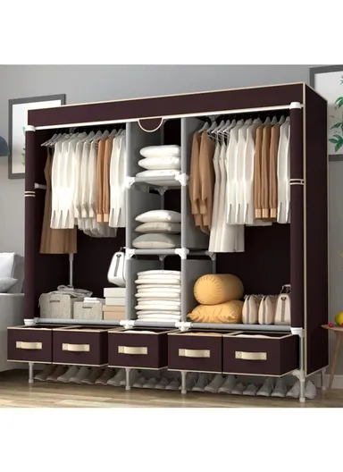 Heavy-Duty High Load Bearing Strength Storage Cabinet, High-quality Zipper, Large Hanging Space with 5 Durable Fabric Drawers - Dark Brown