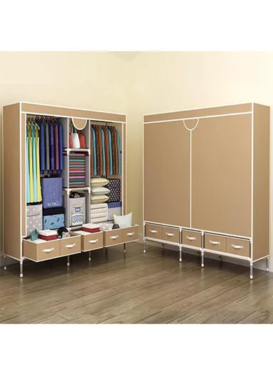 Heavy-Duty High Load Bearing Strength Storage Cabinet, High-quality Zipper, Large Hanging Space with 5 Durable Fabric Drawers - Dark Brown