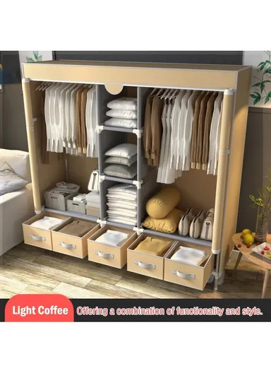 Heavy-Duty High Load Bearing Strength Storage Cabinet, High-quality Zipper, Large Hanging Space with 5 Durable Fabric Drawers - Dark Brown