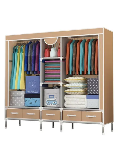 Heavy-Duty High Load Bearing Strength Storage Cabinet, High-quality Zipper, Large Hanging Space with 5 Durable Fabric Drawers - Dark Brown