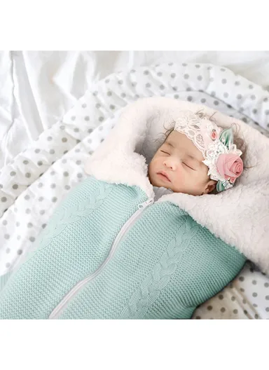 Warm Kids Wrap Blanket Newborn Fleece Swaddle Bunting Bag With Zipper (L70 x W35)cm - Dark Blue