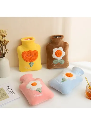 1L Hot Water Bottle With Short Velvet Cover Multi-Purpose Hand &amp; Foot Warmer For Pain Relief &amp; Comfort (L23 x W15)cm - Brown