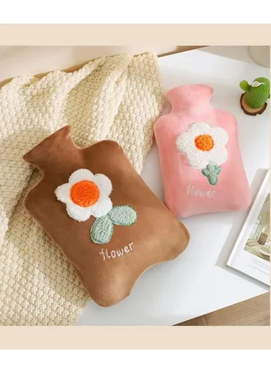 1L Hot Water Bottle With Short Velvet Cover Multi-Purpose Hand &amp; Foot Warmer For Pain Relief &amp; Comfort (L23 x W15)cm - Brown