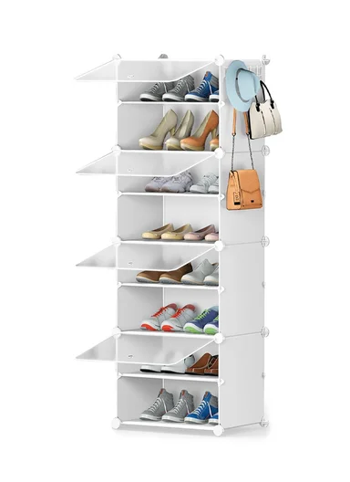 8-Layer 4 Cubes Heavy-Duty Shoe Stand With Hanger Portable, Wardrobe Organizer Storage Box JL-2002 (W40 x D30 x H125)cm - Ice White