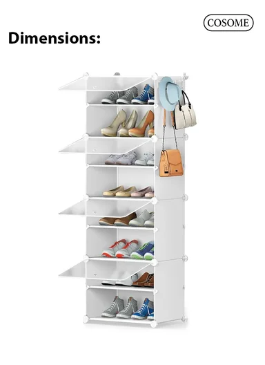 8-Layer 4 Cubes Heavy-Duty Shoe Stand With Hanger Portable, Wardrobe Organizer Storage Box JL-2002 (W40 x D30 x H125)cm - Ice White