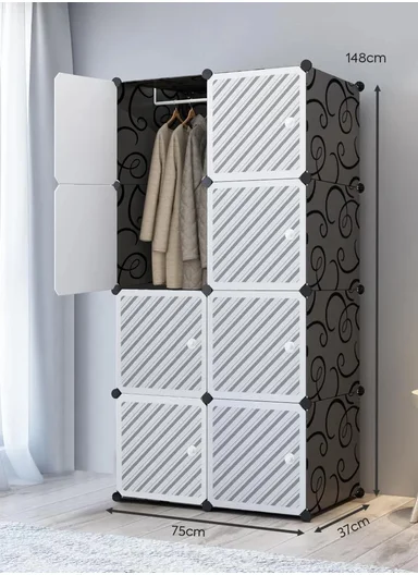 8 Cubes 2 Columns 4 Rows Waterproof DIY Plastic Storage Cabinet (W75 x D37 x H148)cm - Black