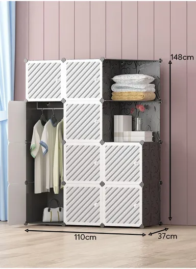 Heavy-Duty Durable DIY Portable Closet Wardrobe Bedroom Storage Organizer with 2 Open Cubes (W110 x D37 x H148)cm - Black