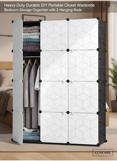 Heavy-Duty Durable DIY Portable Closet Wardrobe Bedroom Storage Organizer with 2 Hanging Rods (W110 x D37 x H148)cm - Black &amp; White