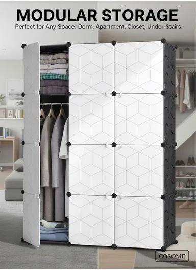 Heavy-Duty Durable DIY Portable Closet Wardrobe Bedroom Storage Organizer with 2 Hanging Rods (W110 x D37 x H148)cm - Black &amp; White