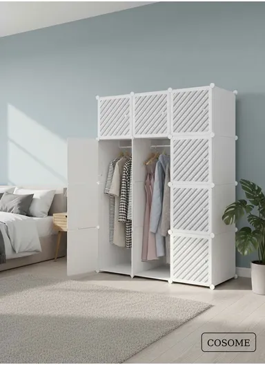 6-Cubes 4-Shelves Heavy-Duty Durable DIY Portable Closet Wardrobe Bedroom Storage Organizer with 2 Hanging Rods (W110 x D37 x H148)cm - White