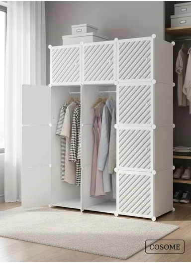6-Cubes 4-Shelves Heavy-Duty Durable DIY Portable Closet Wardrobe Bedroom Storage Organizer with 2 Hanging Rods (W110 x D37 x H148)cm - White