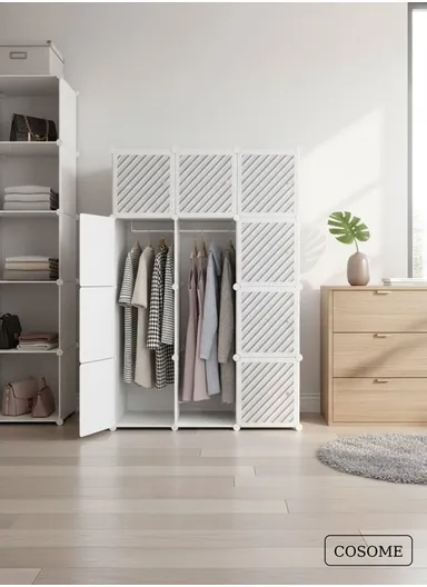 6-Cubes 4-Shelves Heavy-Duty Durable DIY Portable Closet Wardrobe Bedroom Storage Organizer with 2 Hanging Rods (W110 x D37 x H148)cm - White
