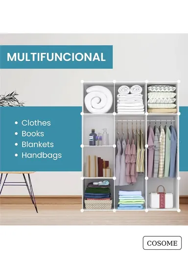 6-Cubes 4-Shelves Heavy-Duty Durable DIY Portable Closet Wardrobe Bedroom Storage Organizer with 2 Hanging Rods (W110 x D37 x H148)cm - White