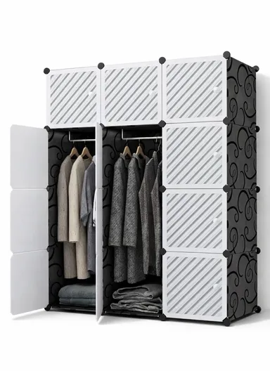 6-Cubes 4-Shelves Heavy-Duty Durable DIY Portable Closet Wardrobe Bedroom Storage Organizer with 2 Hanging Rods (W110 x D37 x H148)cm - Black