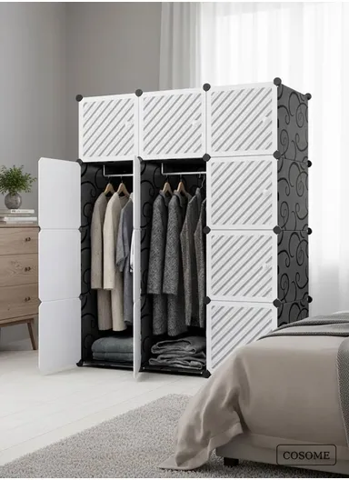 6-Cubes 4-Shelves Heavy-Duty Durable DIY Portable Closet Wardrobe Bedroom Storage Organizer with 2 Hanging Rods (W110 x D37 x H148)cm - Black