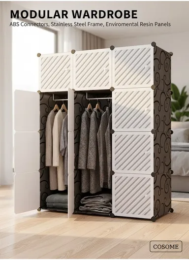 6-Cubes 4-Shelves Heavy-Duty Durable DIY Portable Closet Wardrobe Bedroom Storage Organizer with 2 Hanging Rods (W110 x D37 x H148)cm - Black