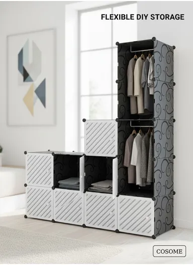 6-Cubes 4-Shelves Heavy-Duty Durable DIY Portable Closet Wardrobe Bedroom Storage Organizer with 2 Hanging Rods (W110 x D37 x H148)cm - Black