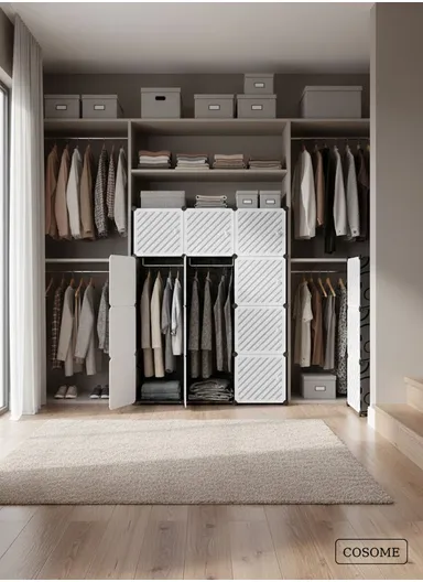 6-Cubes 4-Shelves Heavy-Duty Durable DIY Portable Closet Wardrobe Bedroom Storage Organizer with 2 Hanging Rods (W110 x D37 x H148)cm - Black