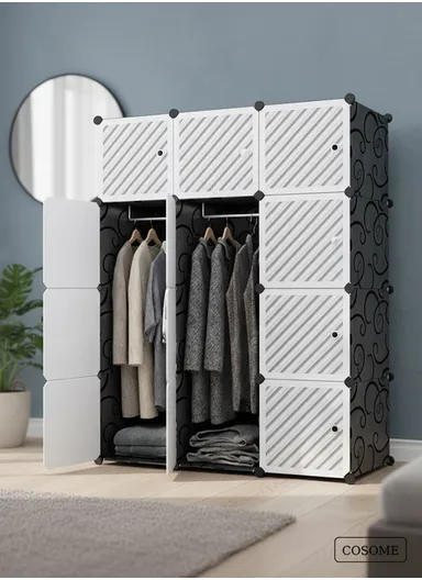 6-Cubes 4-Shelves Heavy-Duty Durable DIY Portable Closet Wardrobe Bedroom Storage Organizer with 2 Hanging Rods (W110 x D37 x H148)cm - Black