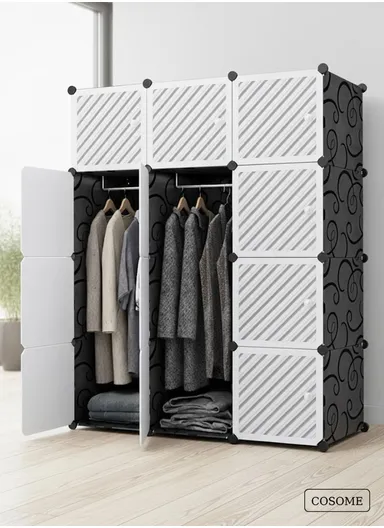 6-Cubes 4-Shelves Heavy-Duty Durable DIY Portable Closet Wardrobe Bedroom Storage Organizer with 2 Hanging Rods (W110 x D37 x H148)cm - Black