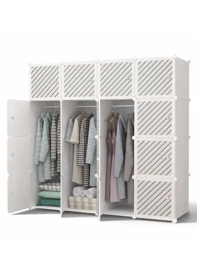 7-Cubes 4-Shelves Heavy-Duty Durable DIY Portable Closet Wardrobe Bedroom Storage Organizer with 3 Hanging Rods (W148 x D37 x H148)cm - White