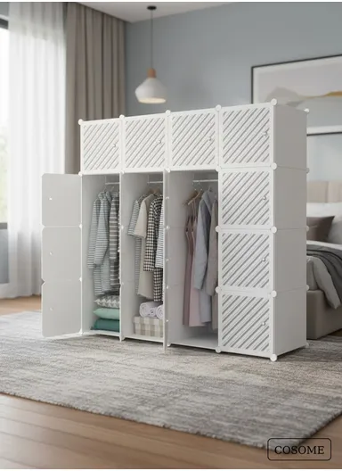 7-Cubes 4-Shelves Heavy-Duty Durable DIY Portable Closet Wardrobe Bedroom Storage Organizer with 3 Hanging Rods (W148 x D37 x H148)cm - White