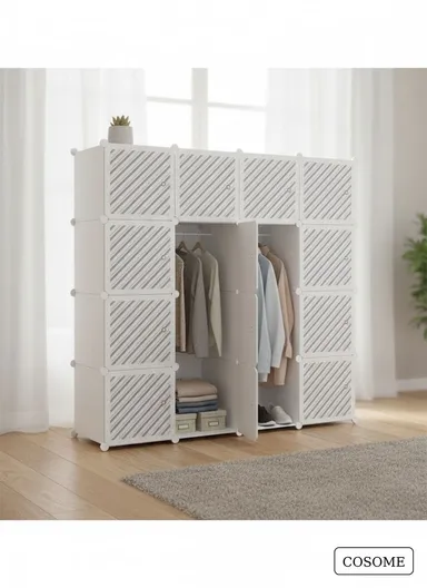 7-Cubes 4-Shelves Heavy-Duty Durable DIY Portable Closet Wardrobe Bedroom Storage Organizer with 3 Hanging Rods (W148 x D37 x H148)cm - White