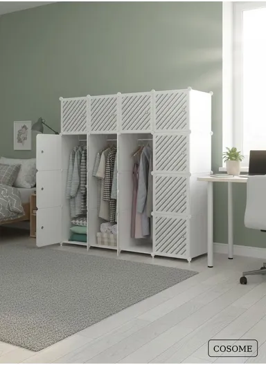 7-Cubes 4-Shelves Heavy-Duty Durable DIY Portable Closet Wardrobe Bedroom Storage Organizer with 3 Hanging Rods (W148 x D37 x H148)cm - White