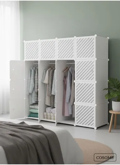 7-Cubes 4-Shelves Heavy-Duty Durable DIY Portable Closet Wardrobe Bedroom Storage Organizer with 3 Hanging Rods (W148 x D37 x H148)cm - White