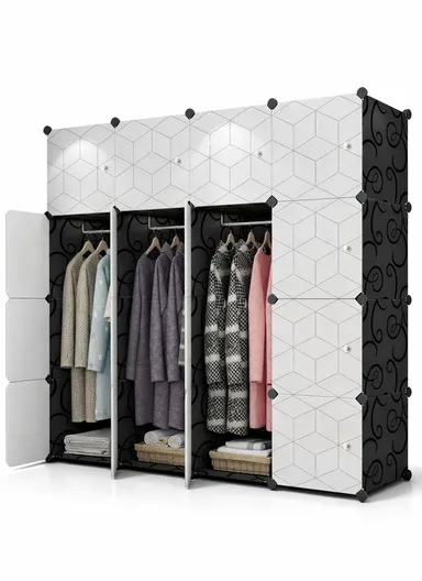 7-Cubes 4-Shelves Heavy-Duty Durable DIY Portable Closet Wardrobe Bedroom Storage Organizer with 3 Hanging Rods (W148 x D37 x H148)cm - Black &amp; White