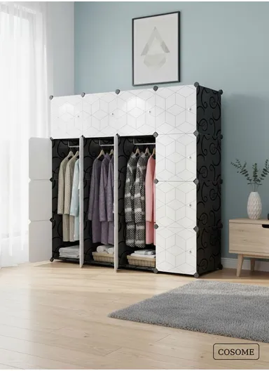 7-Cubes 4-Shelves Heavy-Duty Durable DIY Portable Closet Wardrobe Bedroom Storage Organizer with 3 Hanging Rods (W148 x D37 x H148)cm - Black &amp; White
