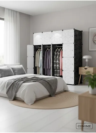 7-Cubes 4-Shelves Heavy-Duty Durable DIY Portable Closet Wardrobe Bedroom Storage Organizer with 3 Hanging Rods (W148 x D37 x H148)cm - Black &amp; White