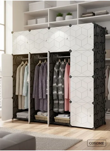 7-Cubes 4-Shelves Heavy-Duty Durable DIY Portable Closet Wardrobe Bedroom Storage Organizer with 3 Hanging Rods (W148 x D37 x H148)cm - Black &amp; White