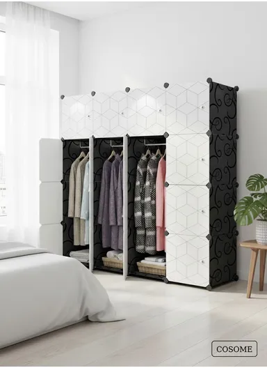 7-Cubes 4-Shelves Heavy-Duty Durable DIY Portable Closet Wardrobe Bedroom Storage Organizer with 3 Hanging Rods (W148 x D37 x H148)cm - Black &amp; White