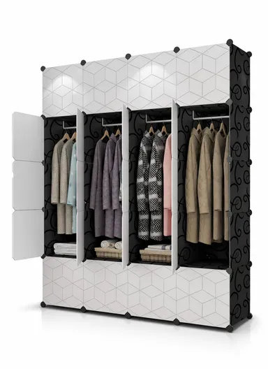 8-Cubes 3-Shelves Heavy-Duty Durable DIY Portable Closet Wardrobe Bedroom Storage Organizer with 4 Hanging Rods (W146 x D37 x H181.5)cm - Black &amp; White