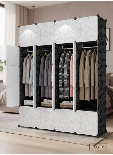 8-Cubes 3-Shelves Heavy-Duty Durable DIY Portable Closet Wardrobe Bedroom Storage Organizer with 4 Hanging Rods (W146 x D37 x H181.5)cm - Black &amp; White