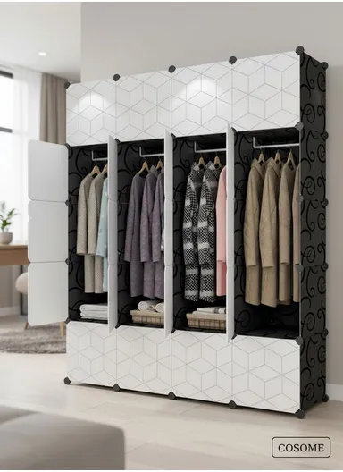 8-Cubes 3-Shelves Heavy-Duty Durable DIY Portable Closet Wardrobe Bedroom Storage Organizer with 4 Hanging Rods (W146 x D37 x H181.5)cm - Black &amp; White